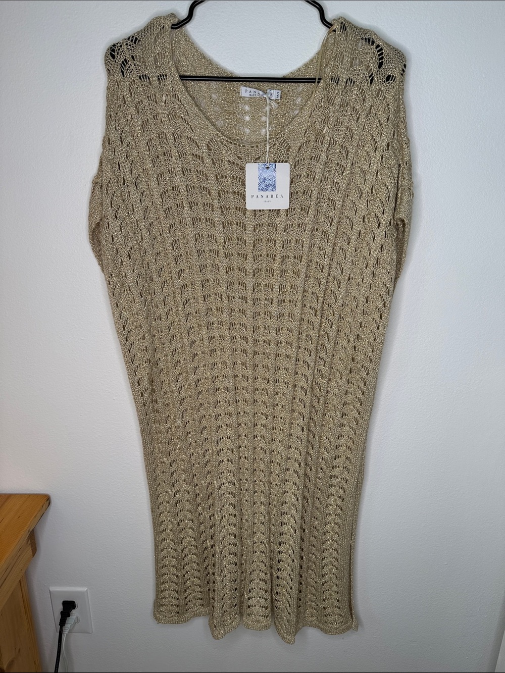 Panarea Metallic Gold Crochet Open Knit Beach Cover Up Dress M/L NWT